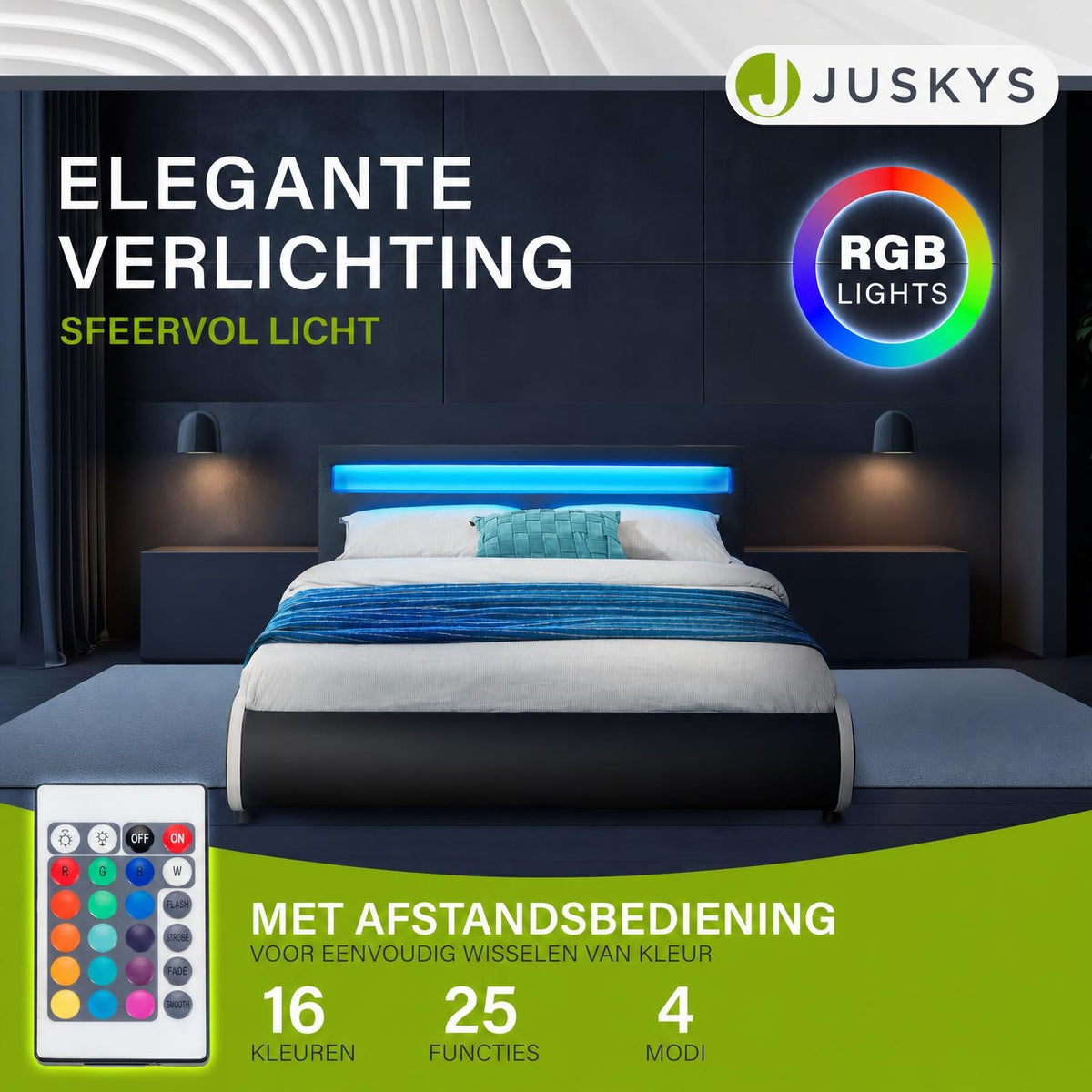 Gestoffeerd bed Sevilla 140x200 cm – wit, met LED-verlichting