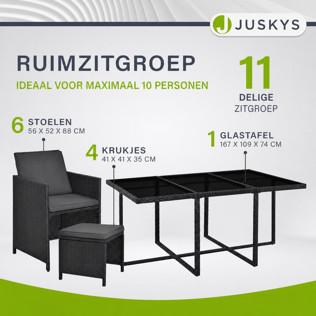 Wicker tuinset Baracoa – 9-delig voor 8 personen, zwart en grijs
