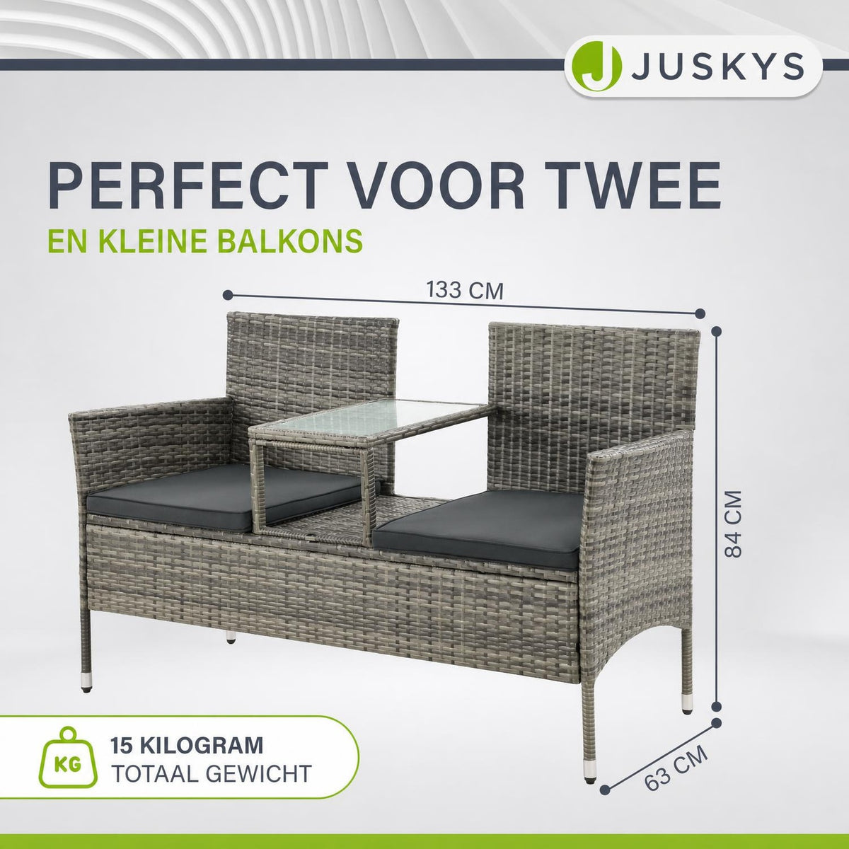 Wicker tuinbank Monaco – 2 personen, 133x63x84 cm met tafel