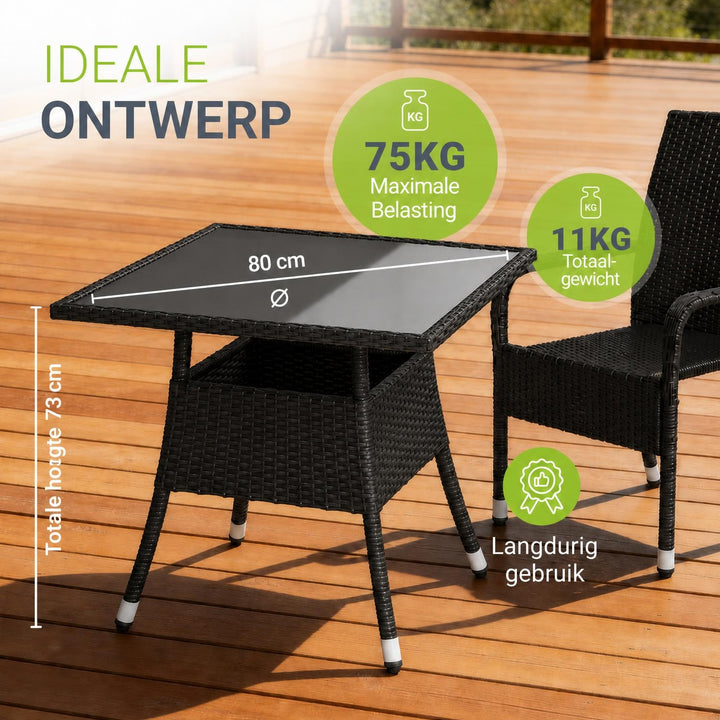 Tuintafel Yoro – vierkant, wicker met glazen blad, zwart