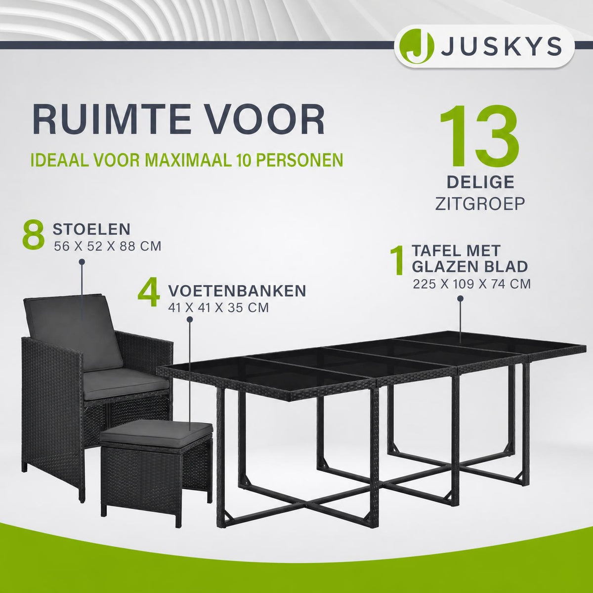 Wicker tuinset Baracoa – 9-delig voor 8 personen, zwart en grijs