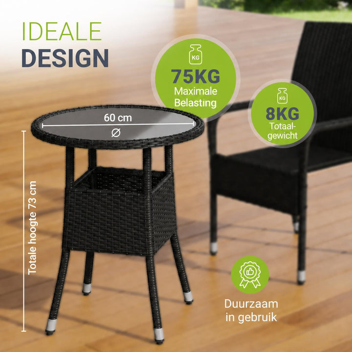 Ronde wicker tuintafel Yoro – zwart, met glazen tafelblad