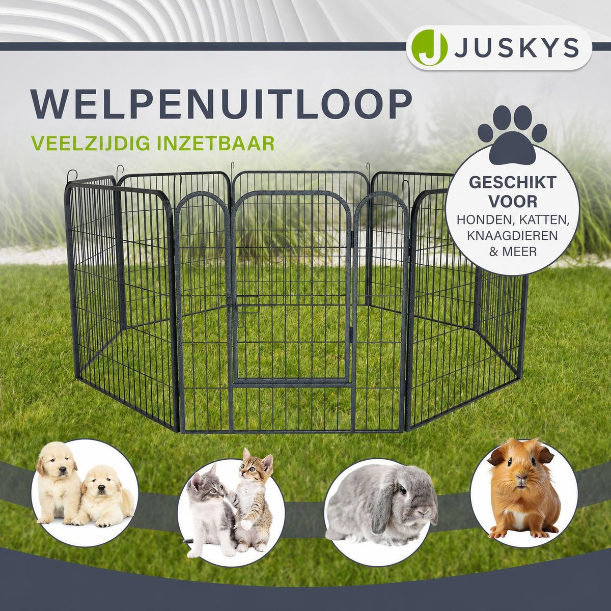 Puppyren van metaal 160x160x60 cm – 8 panelen met deur