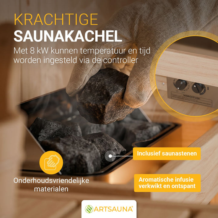 Barrelsauna Nolvik – vierkant, vurenhout, 3,6 kW saunakachel