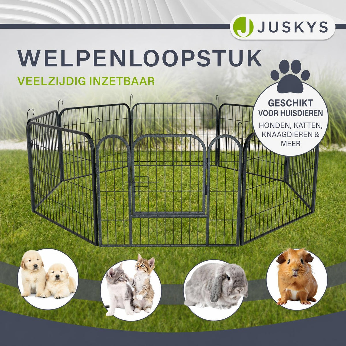 Puppyren van metaal 160x160x60 cm – 8 panelen met deur