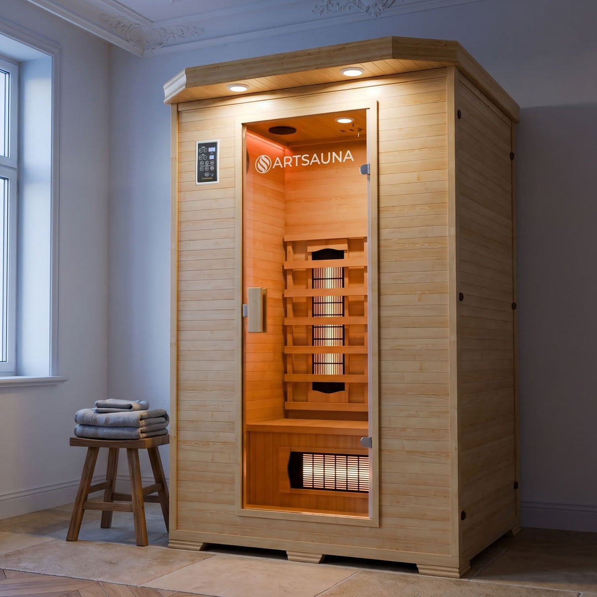Infraroodcabine Oslo – 5 volspectrumstralers, hemlockhout