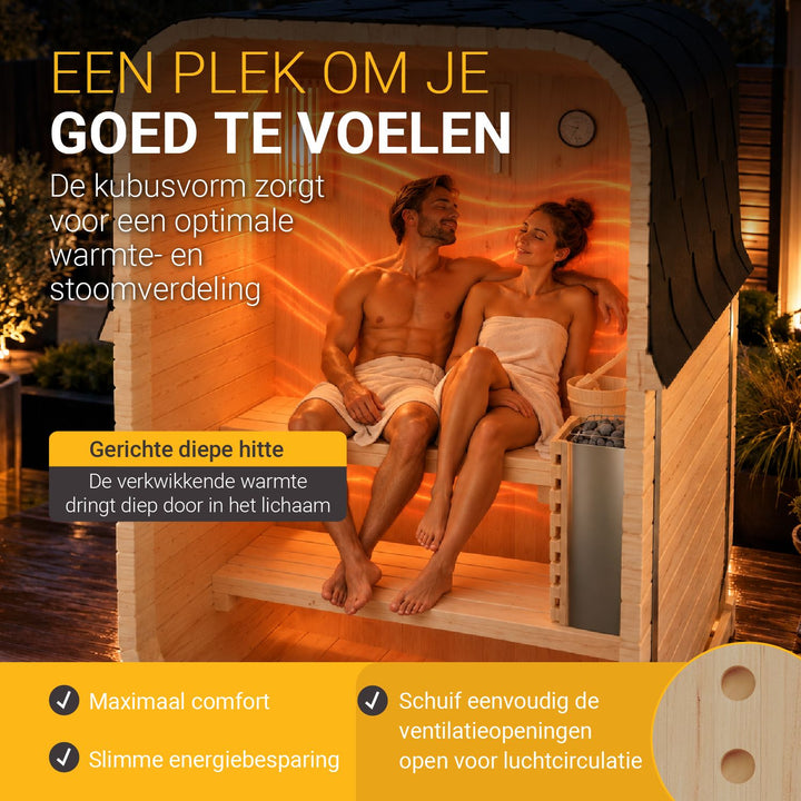 Barrelsauna Nolvik – vierkant, vurenhout, 3,6 kW saunakachel