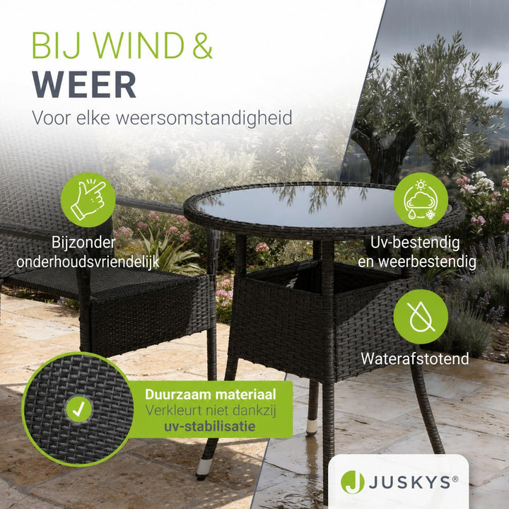 Ronde wicker tuintafel Yoro – zwart, met glazen tafelblad