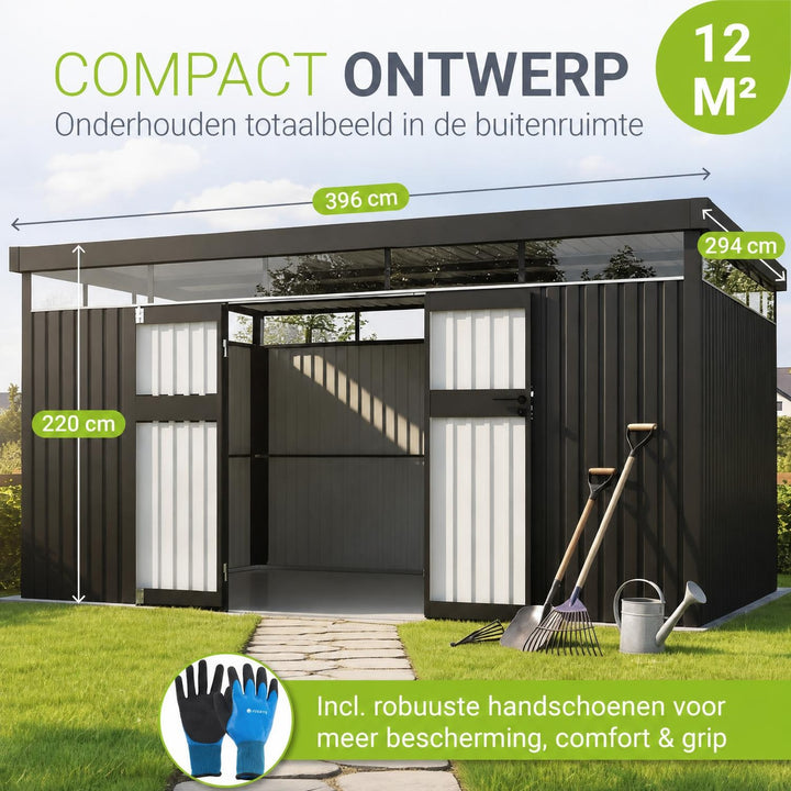 Metalen tuinhuis Luzern – met raam en afsluitbare dubbele deur