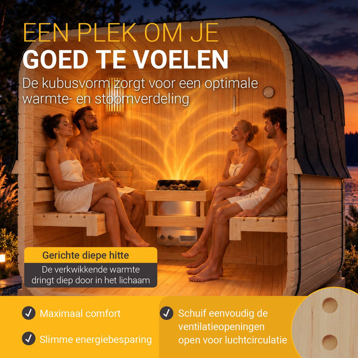 Barrelsauna Nolvik – vierkant, vurenhout, 3,6 kW saunakachel