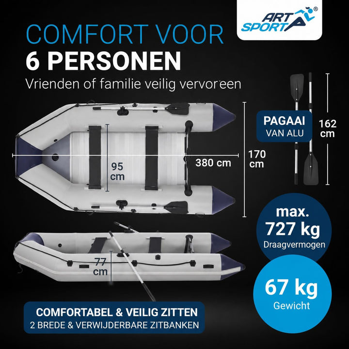 Rubberboot 3,80 m – met 2 zitbanken, peddels en luchtpomp