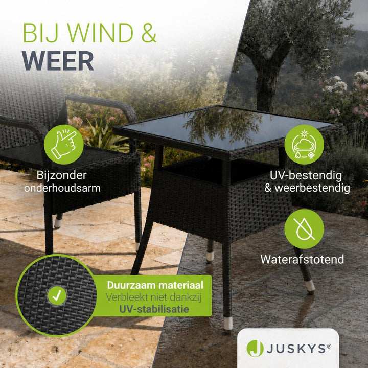 Tuintafel Yoro – vierkant, wicker met glazen blad, zwart
