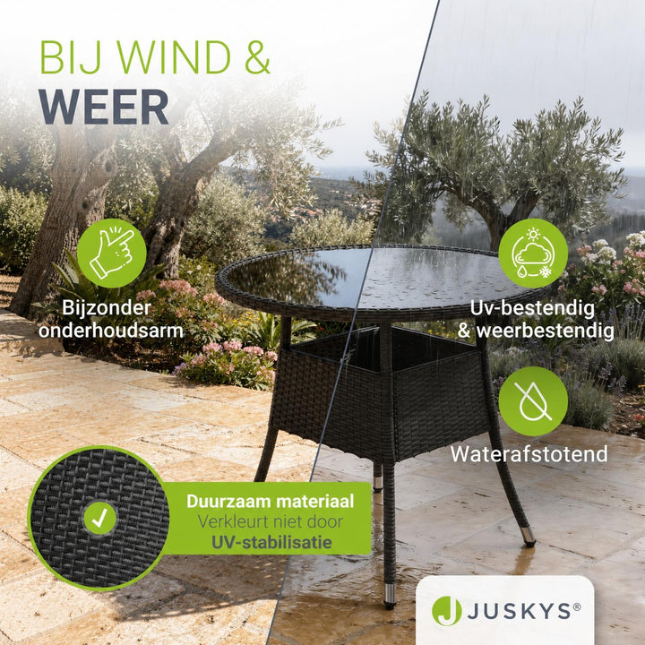 Ronde wicker tuintafel Yoro – zwart, met glazen tafelblad