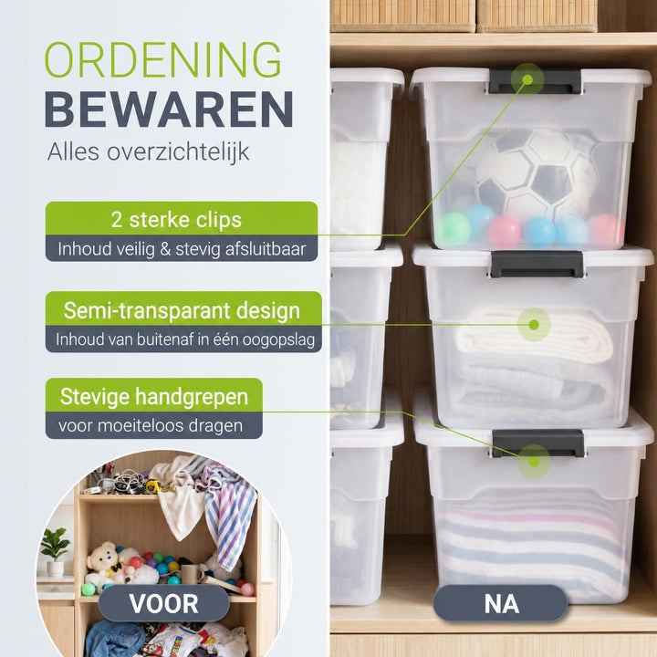 Opbergbox met deksel 30 liter – set van 4, stapelbaar