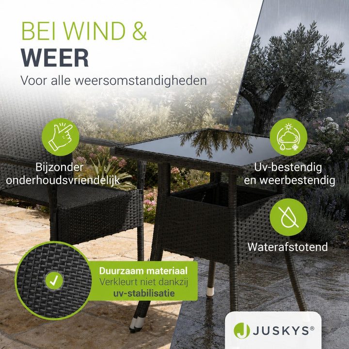Tuintafel Yoro – vierkant, wicker met glazen blad, zwart