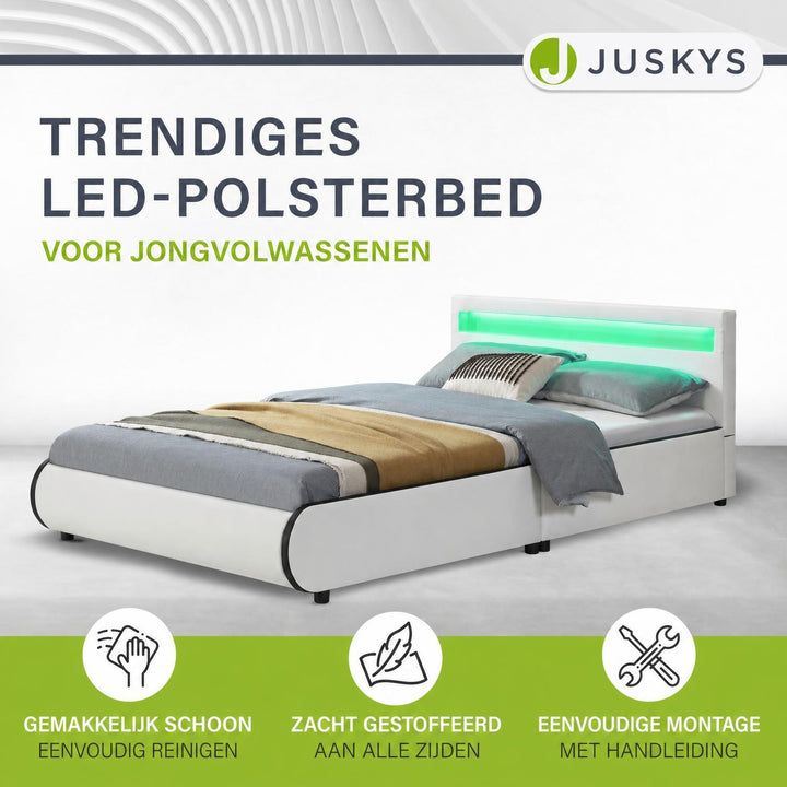 Gestoffeerd bed Sevilla 140x200 cm – wit, met LED-verlichting