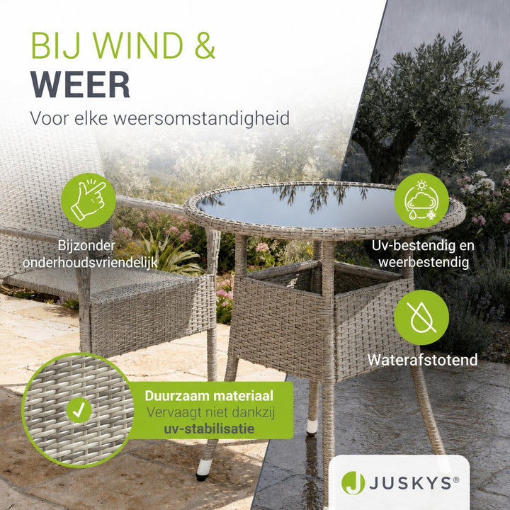 Ronde wicker tuintafel Yoro – zwart, met glazen tafelblad