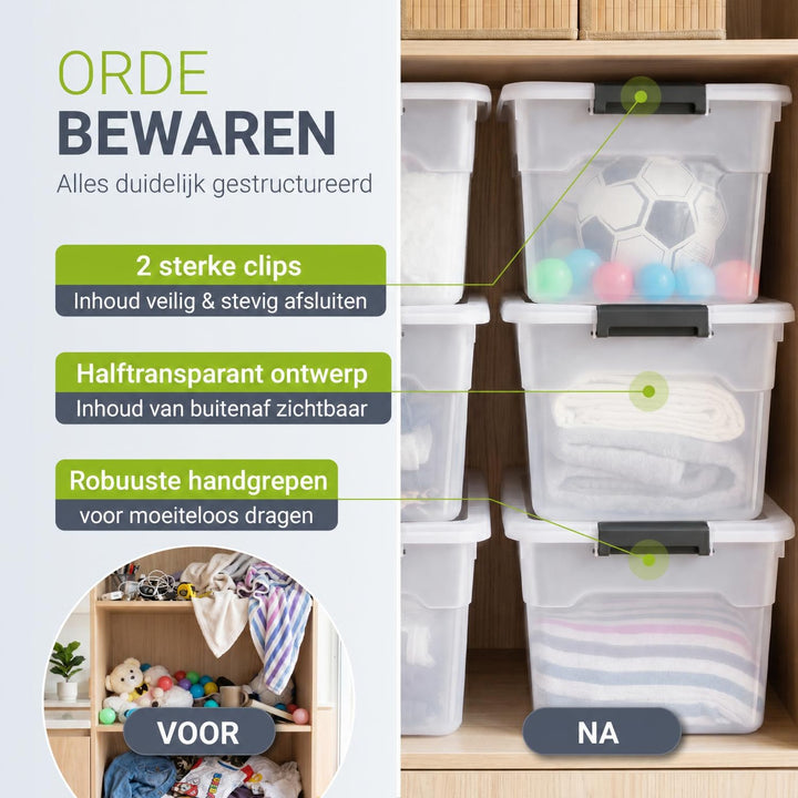 Opbergbox met deksel 30 liter – set van 4, stapelbaar