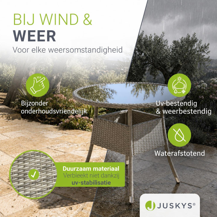 Ronde wicker tuintafel Yoro – zwart, met glazen tafelblad