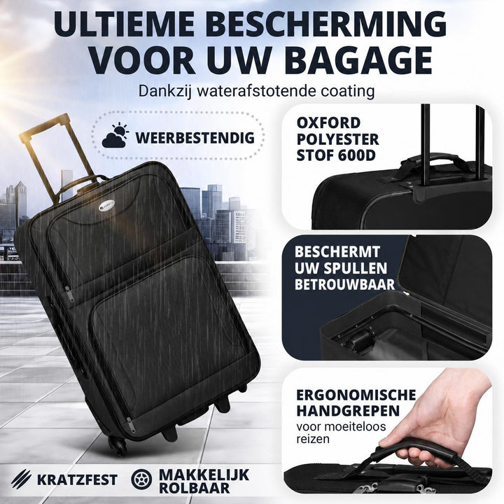 Kofferset Athen – 5-delig, 2 trolleys met schoudertas, zwart