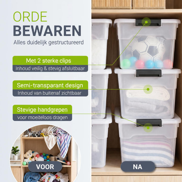 Opbergbox met deksel 30 liter – set van 4, stapelbaar