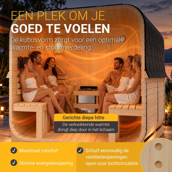 Barrelsauna Nolvik – vierkant, vurenhout, 3,6 kW saunakachel
