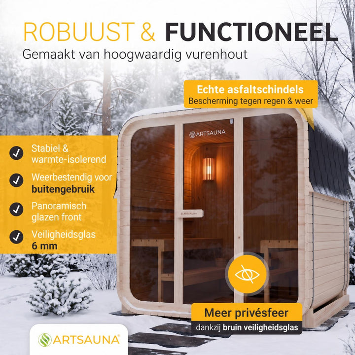 Buitensauna Fjora L kubus – voor 6 personen, 9 kW kachel