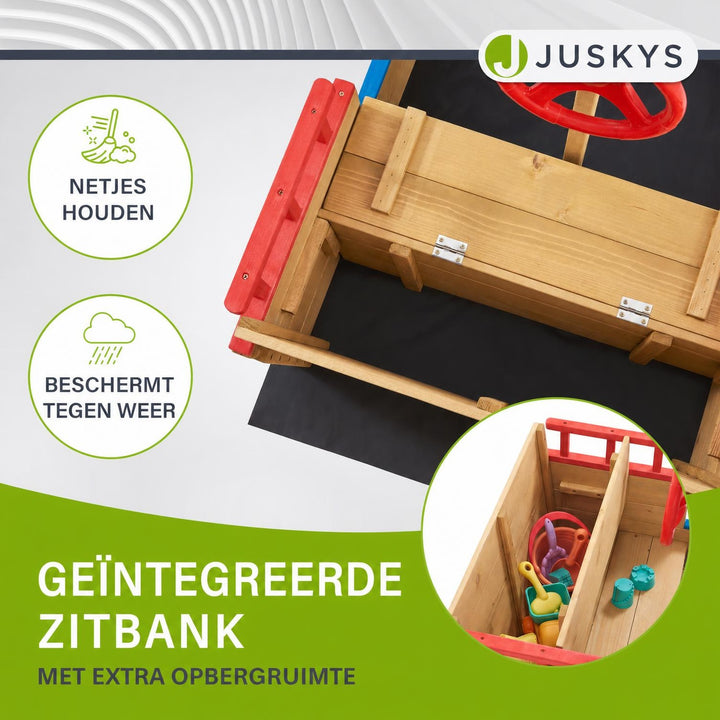 Zandbak Käpt’n Pit – houten piratenschip met zitbank en zonnezeil