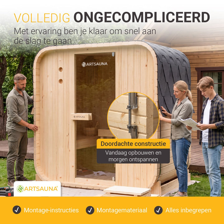 Barrelsauna Nolvik – vierkant, vurenhout, 3,6 kW saunakachel