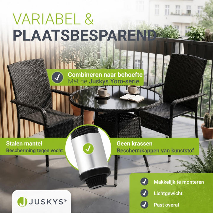 Ronde wicker tuintafel Yoro – zwart, met glazen tafelblad