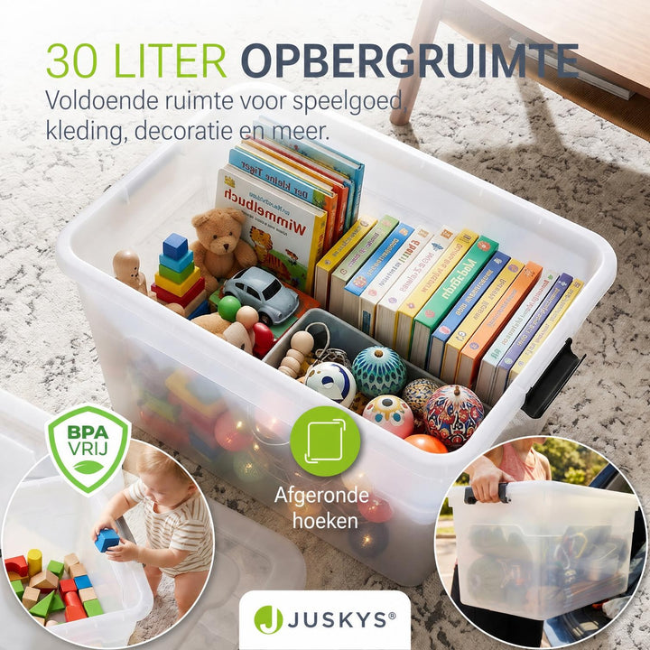 Opbergbox met deksel 30 liter – set van 4, stapelbaar