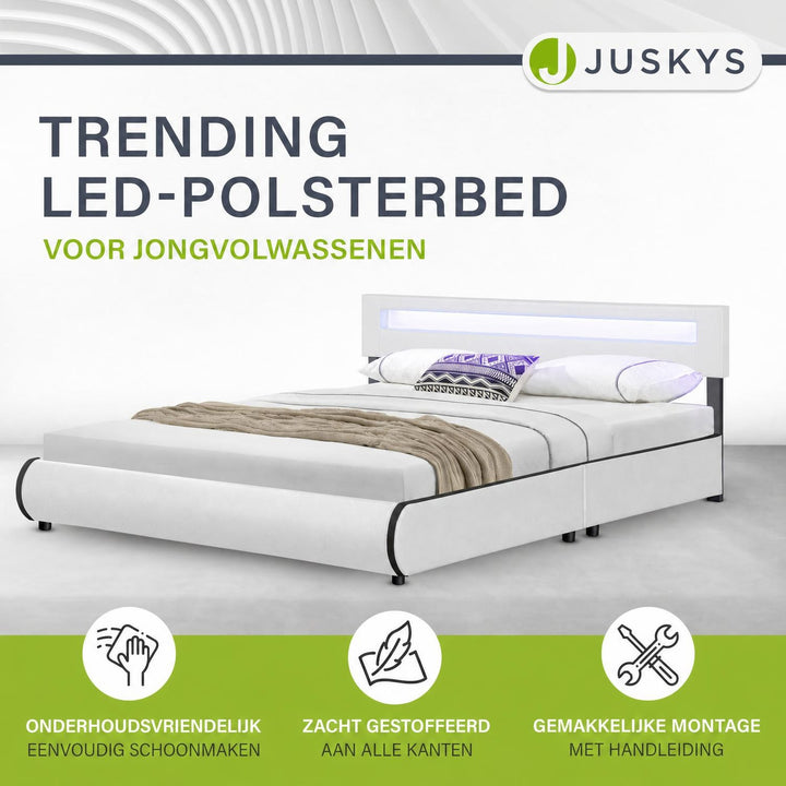 Gestoffeerd bed Sevilla 140x200 cm – wit, met LED-verlichting