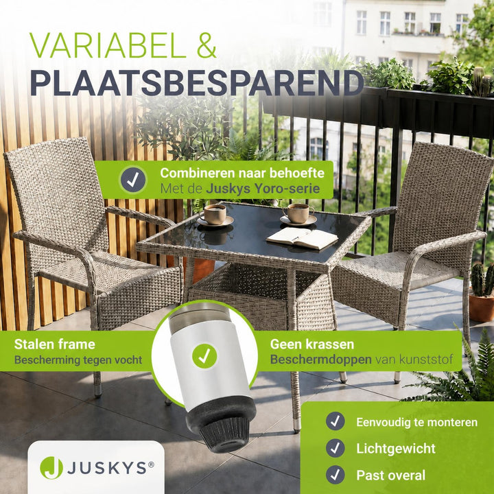 Tuintafel Yoro – vierkant, wicker met glazen blad, zwart
