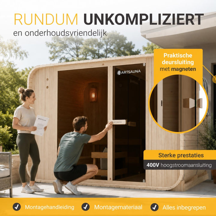 Buitensauna Fjora XXL – 6 personen, 9 kW kachel, relaxruimte