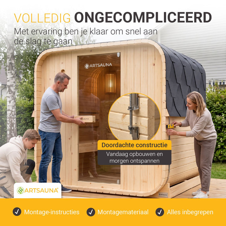 Barrelsauna Nolvik – vierkant, vurenhout, 3,6 kW saunakachel