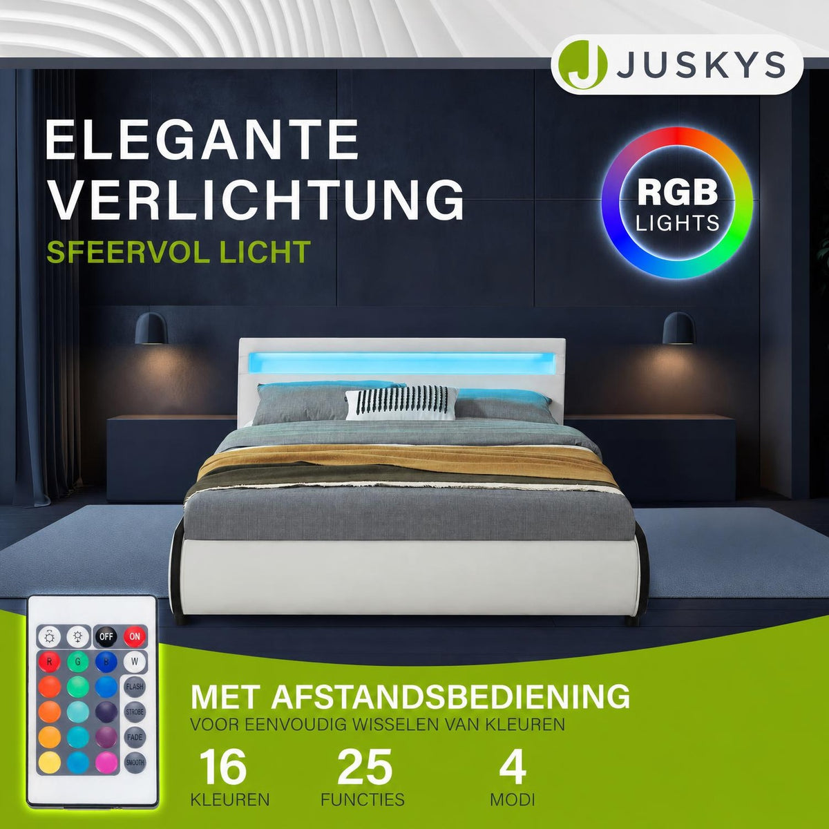 Gestoffeerd bed Sevilla 140x200 cm – wit, met LED-verlichting
