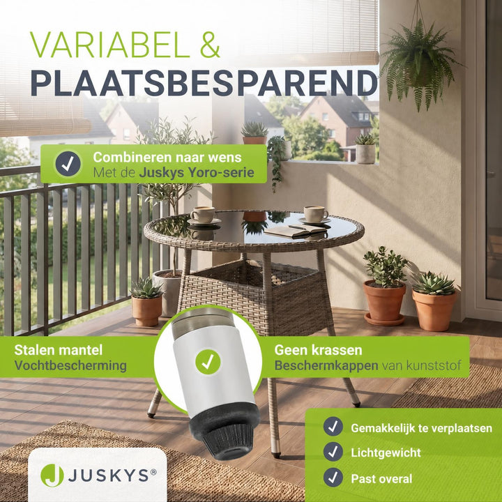 Ronde wicker tuintafel Yoro – zwart, met glazen tafelblad