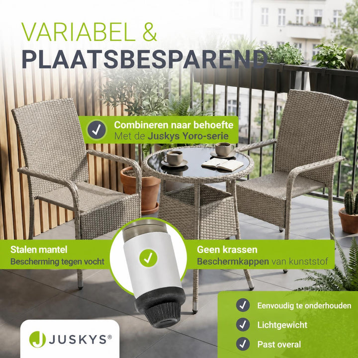 Ronde wicker tuintafel Yoro – zwart, met glazen tafelblad