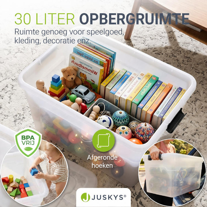 Opbergbox met deksel 30 liter – set van 4, stapelbaar