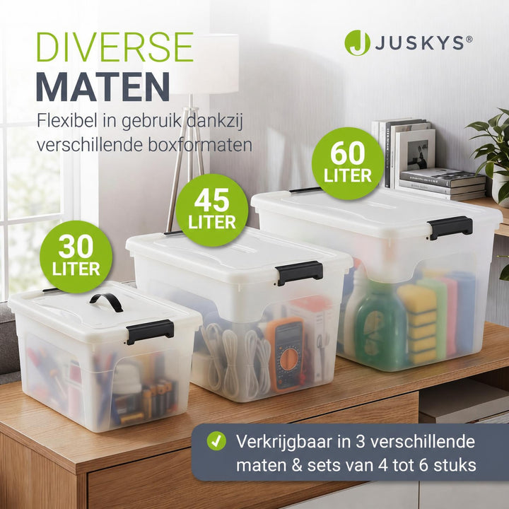 Opbergbox met deksel 30 liter – set van 4, stapelbaar