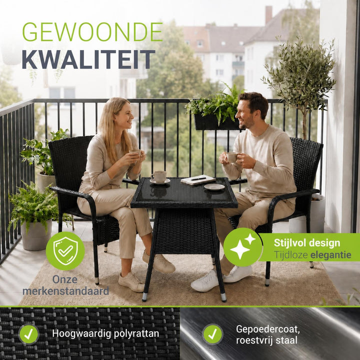 Tuintafel Yoro – vierkant, wicker met glazen blad, zwart