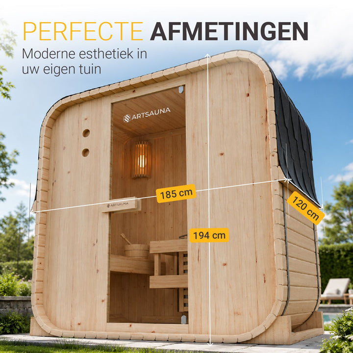 Barrelsauna Nolvik – vierkant, vurenhout, 3,6 kW saunakachel
