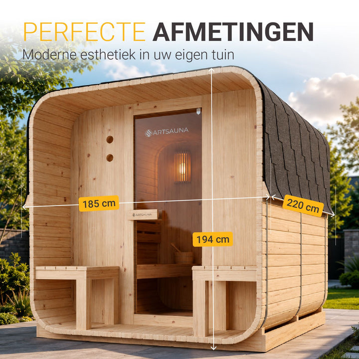 Barrelsauna Nolvik – vierkant, vurenhout, 3,6 kW saunakachel