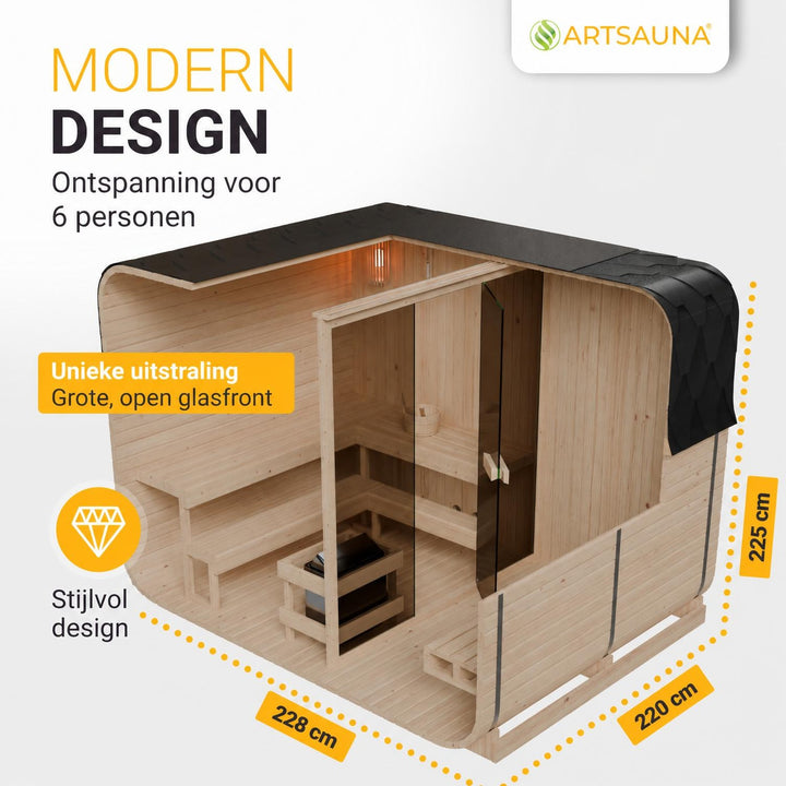 Buitensauna Fjora XXL – 6 personen, 9 kW kachel, relaxruimte
