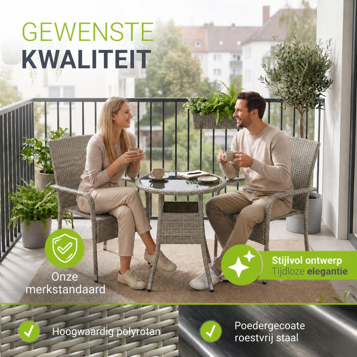 Ronde wicker tuintafel Yoro – zwart, met glazen tafelblad