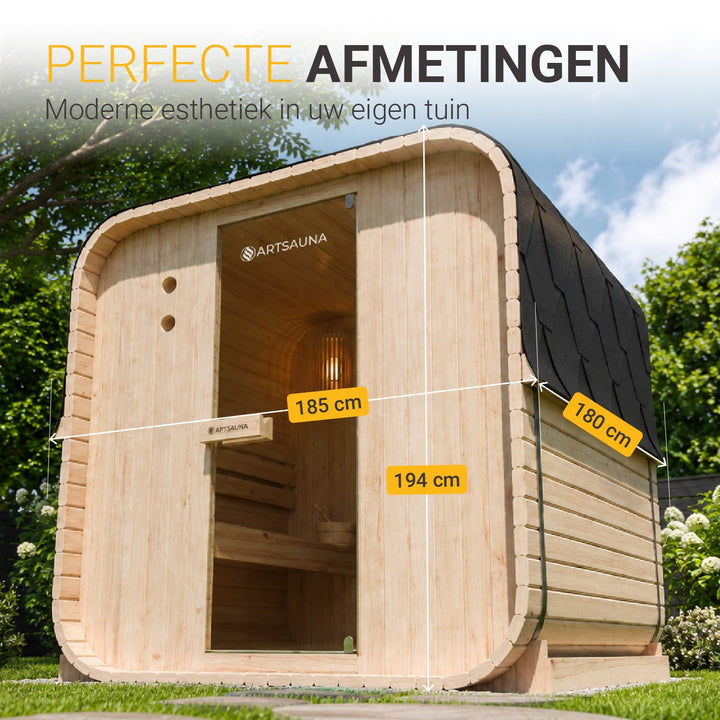 Barrelsauna Nolvik – vierkant, vurenhout, 3,6 kW saunakachel