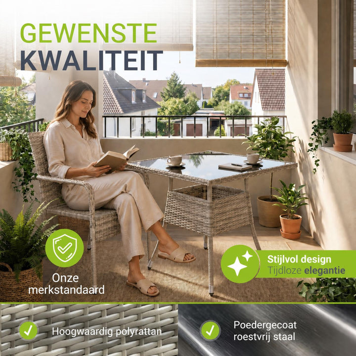 Tuintafel Yoro – vierkant, wicker met glazen blad, zwart