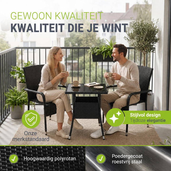 Tuintafel Yoro – vierkant, wicker met glazen blad, zwart