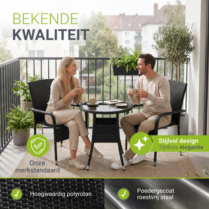 Ronde wicker tuintafel Yoro – zwart, met glazen tafelblad