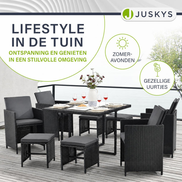 Wicker tuinset Baracoa – 9-delig voor 8 personen, zwart en grijs